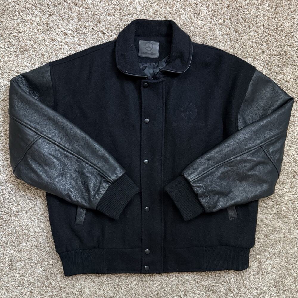 Vintage 90’s Mercedes Benz Wool Leather Black Varsity Jacket Made In USA Size M